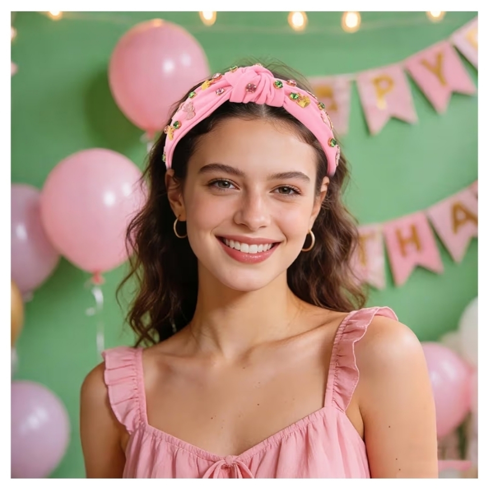 Pink Knotted Rhinestone Headband with Gold Charm Accents - Picture 3 of 6